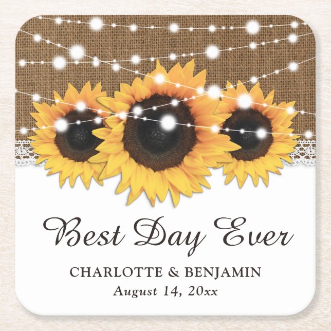 Rustic Burlap Lace String Lights Sunflower Wedding Square Paper Coaster (Front)