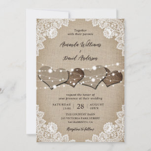 Rustic Burlap Lace String Lights Wedding Invitation