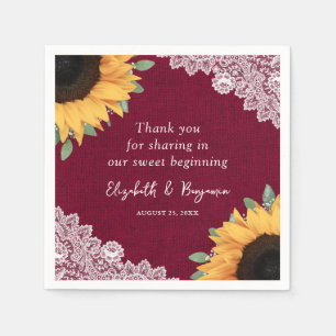 Rustic Burlap Lace Sunflower and Burgundy Wedding Napkin