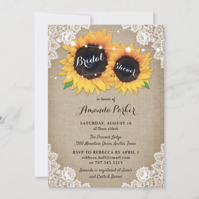 Rustic Burlap Lace Sunflower Bridal Shower Invitation (Front)