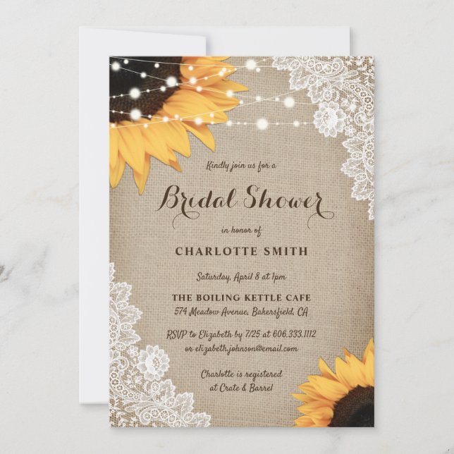 Rustic Burlap Lace Sunflower Bridal Shower Invitation (Front)
