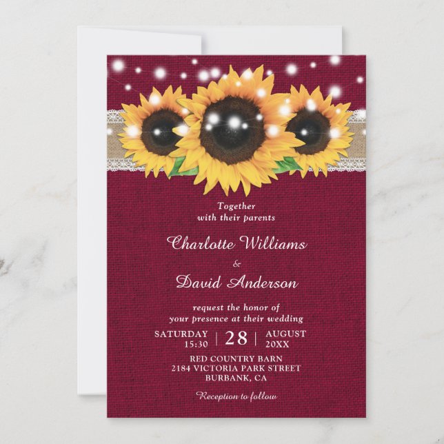 Rustic Burlap Lace Sunflower Burgundy Wedding Invitation (Front)