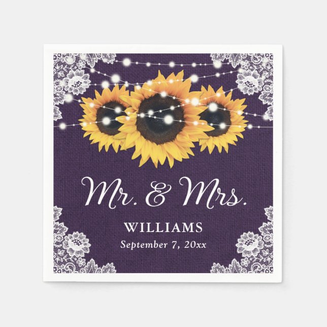 Rustic Burlap Lace Sunflower Purple Wedding Napkin (Front)