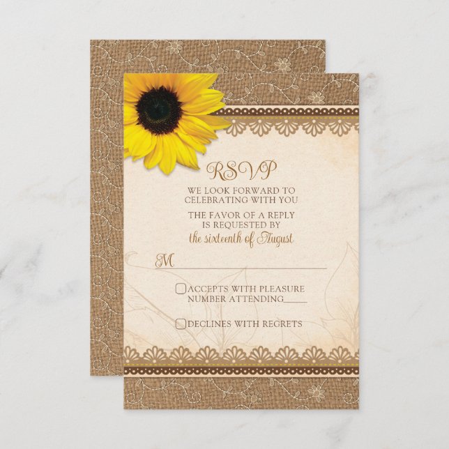 Rustic Burlap Lace Sunflower Wedding RSVP Card (Front/Back)