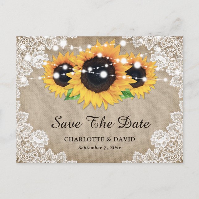 Rustic Burlap Lace Sunflower Wedding Save The Date Announcement Postcard (Front)