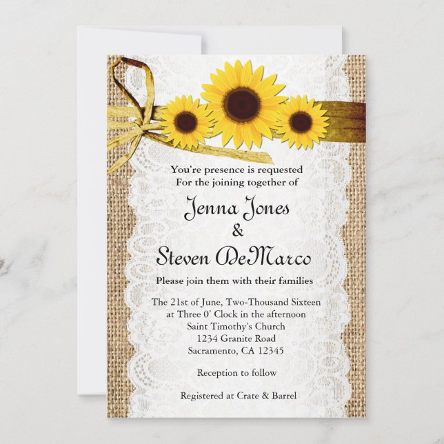 Rustic Burlap, Lace, Sunflowers Wedding Invitation (Front)
