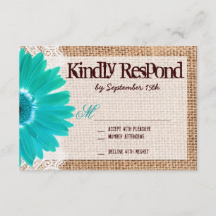 Rustic Burlap Lace Teal Daisy Wedding RSVP Cards