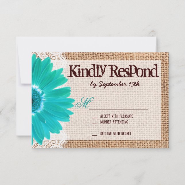 Rustic Burlap Lace Teal Daisy Wedding RSVP Cards (Front)