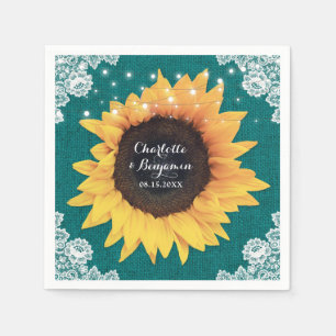 Rustic Burlap Lace Teal Sunflower Wedding Napkin