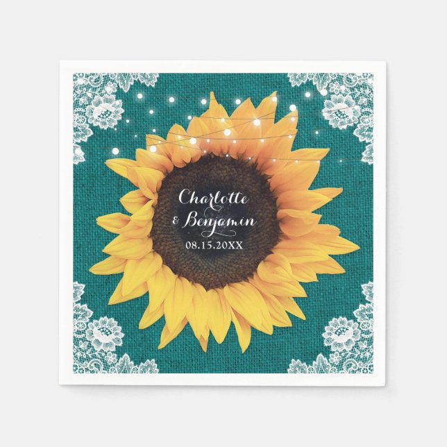Rustic Burlap Lace Teal Sunflower Wedding Napkin (Front)