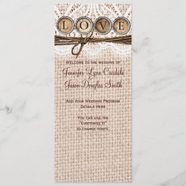Rustic Burlap Lace Twine LOVE Wedding Program Programme (Front)
