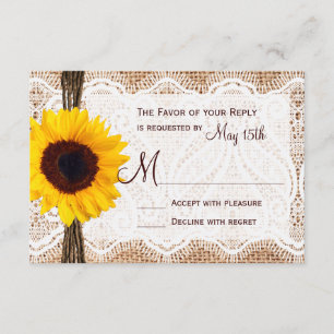 Rustic Burlap Lace Twine Sunflower Wedding RSVP Card