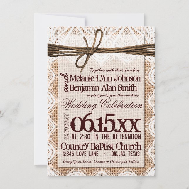 Rustic Burlap Lace Typography Wedding Invitations (Front)