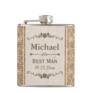 Rustic Burlap Lace Wedding Best Man Hip Flask