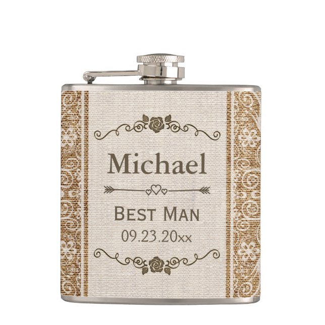 Rustic Burlap Lace Wedding Best Man Hip Flask (Front)