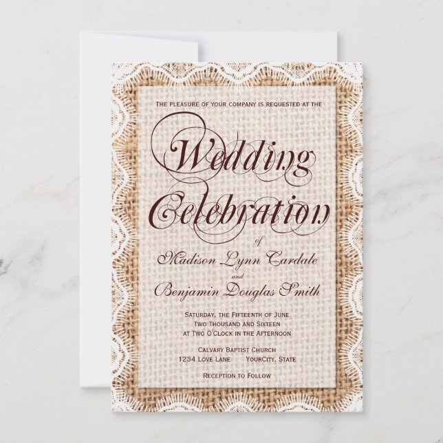 Rustic Burlap Lace Wedding Celebration Invitations (Front)