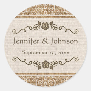 Rustic Burlap Lace Wedding Classic Round Sticker