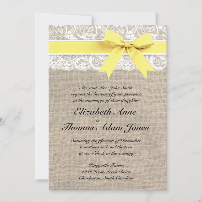 Rustic Burlap Lace Wedding Invitation Yellow (Front)