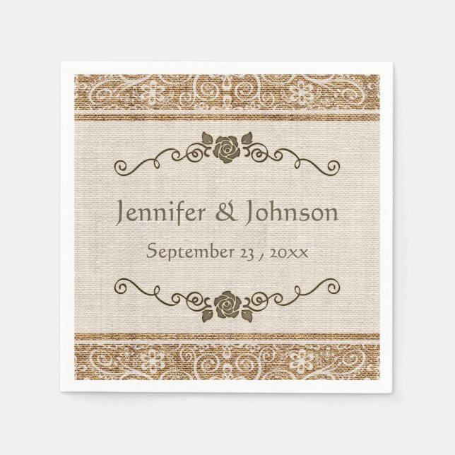 Rustic Burlap Lace Wedding Napkin (Front)