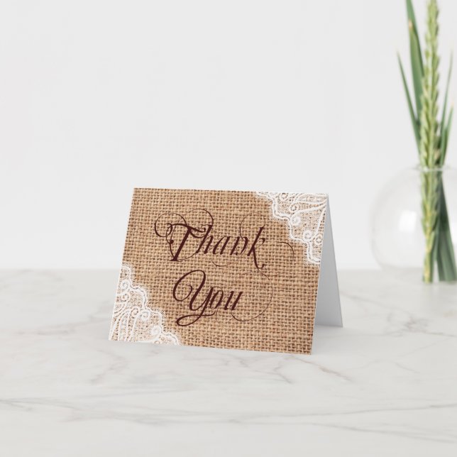 Rustic Burlap Lace Wedding Thank You Cards (Front)
