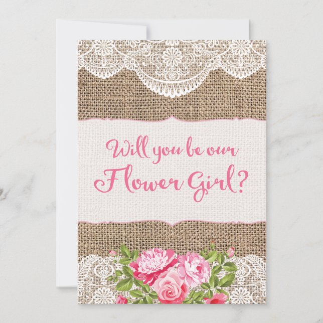 Rustic Burlap Lace Will you be my Flower Girl Card (Front)