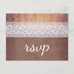 Rustic Burlap Lace & Wood RSVP Invitation Postcard