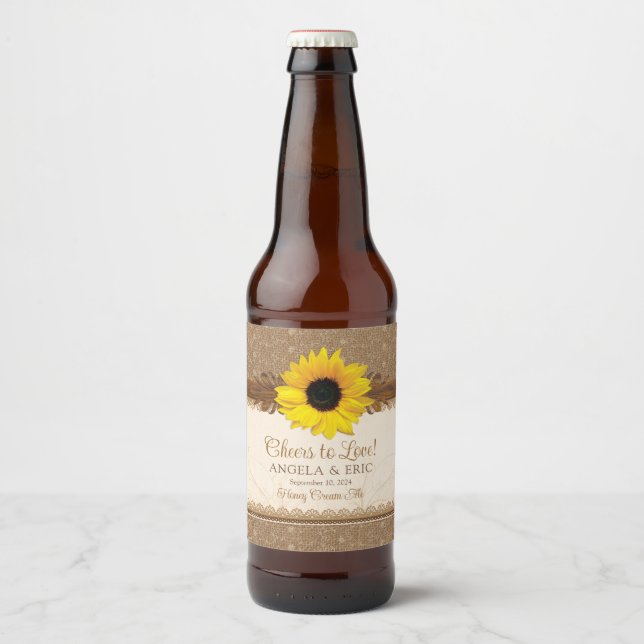 Rustic Burlap Lace Wood Sunflower Wedding Beer Bottle Label (Front)