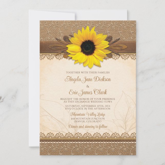 Rustic Burlap Lace Wood Sunflower Wedding Invitation (Front)