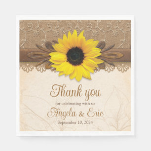 Rustic Burlap Lace Wood Sunflower Wedding Napkin