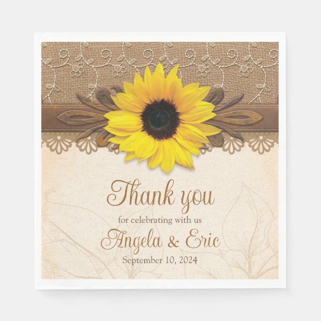 Rustic Burlap Lace Wood Sunflower Wedding Napkin (Front)