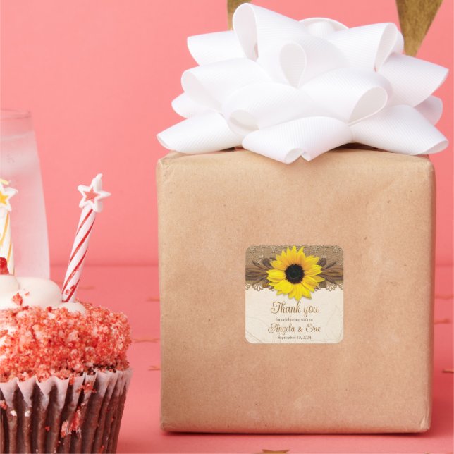 Rustic Burlap Lace Wood Sunflower Wedding Square Sticker (Party)