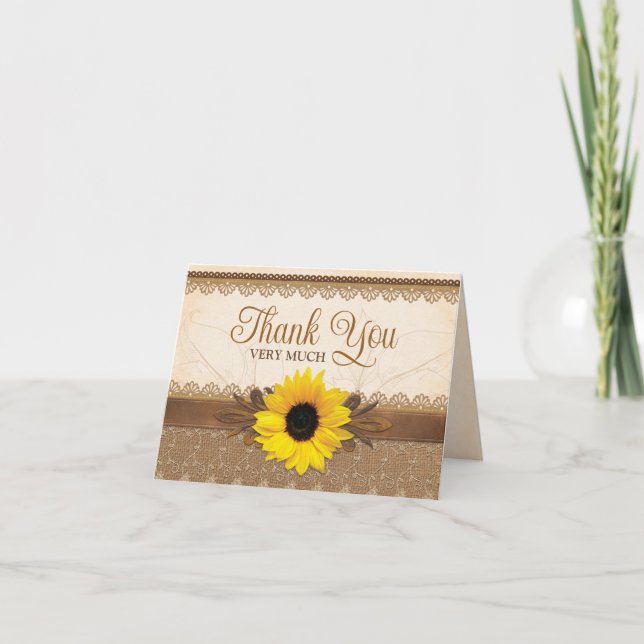 Rustic Burlap Lace Wood Sunflower Wedding  Thank You Card (Front)