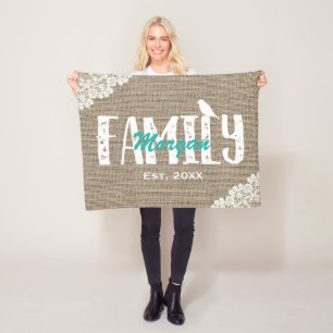 Rustic Burlap Laced Family Name Established Fleece Blanket