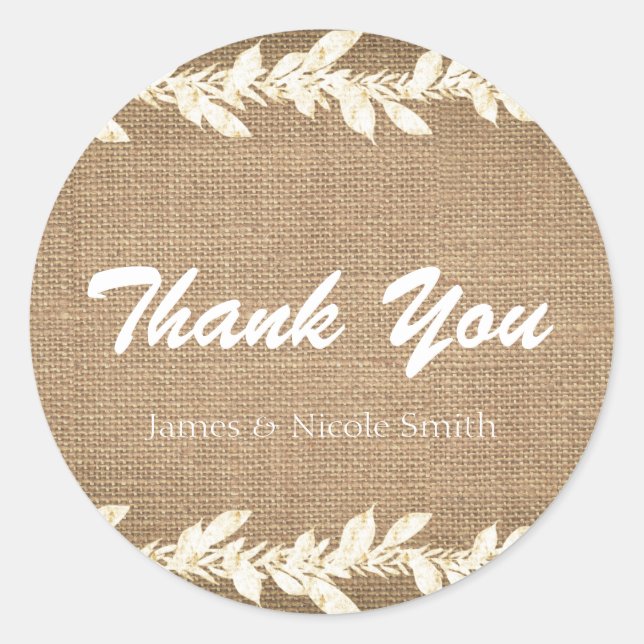 Rustic Burlap & Leaves Wedding Favour Classic Round Sticker (Front)