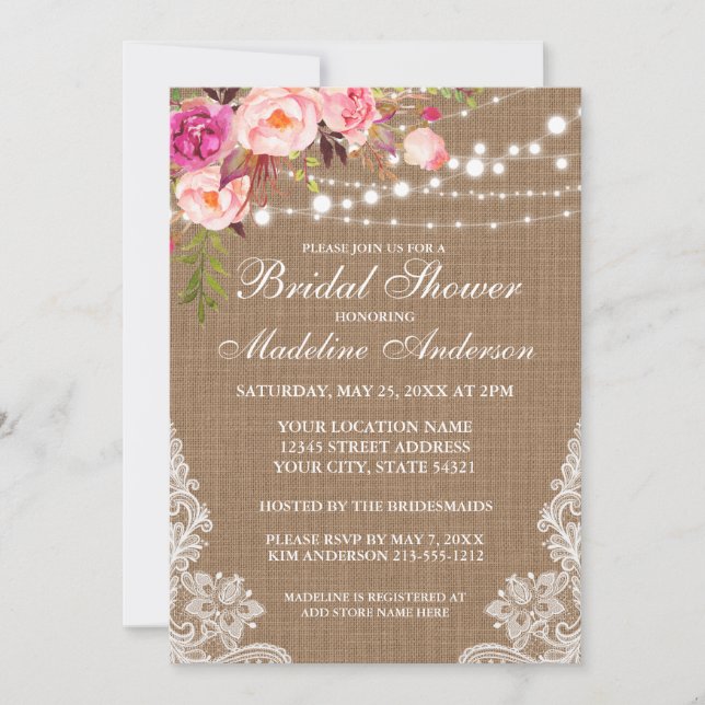 Rustic Burlap Lights Lace Floral Bridal Shower Invitation (Front)