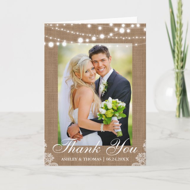 Rustic Burlap Lights Lace Wedding Thank You Fold Card (Front)