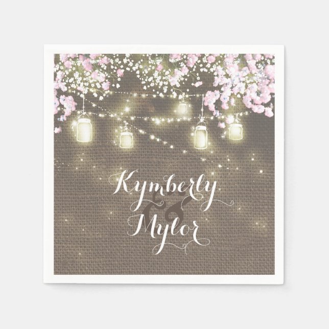 Rustic Burlap Lights Mason Jars Wedding Napkin (Front)