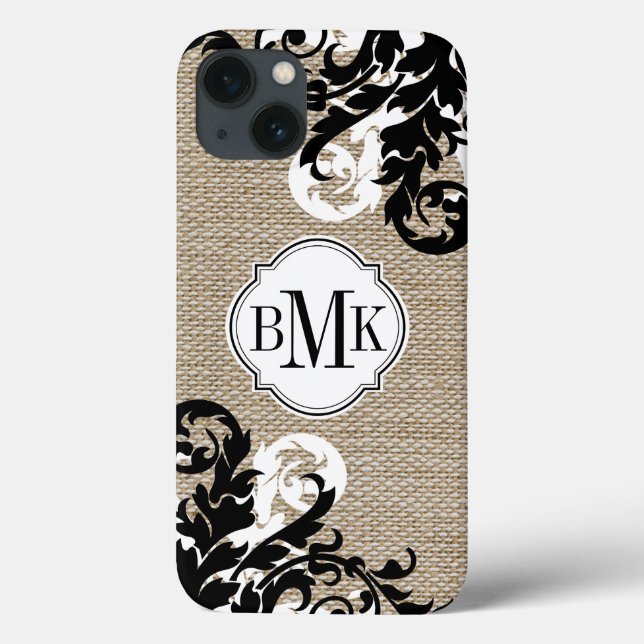 Rustic Burlap Look and Flourish Monogram Case-Mate iPhone Case (Back)