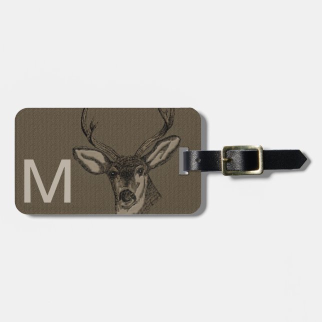 Rustic Burlap Look Deer Head Pattern Luggage Tag (Front Horizontal)