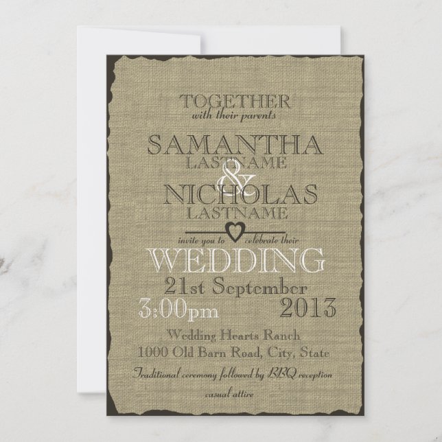 Rustic Burlap Look Wedding 5x7 Invitation (Front)