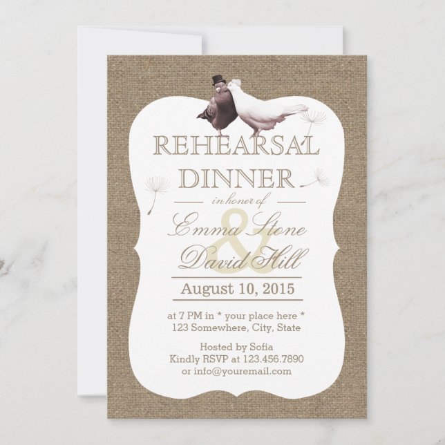Rustic Burlap Love Birds Rehearsal Dinner Invitation (Front)
