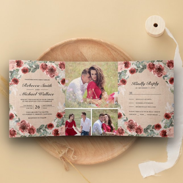 Rustic Burlap Marsala Floral Photo Collage Wedding Tri-Fold Invitation (Creator Uploaded)
