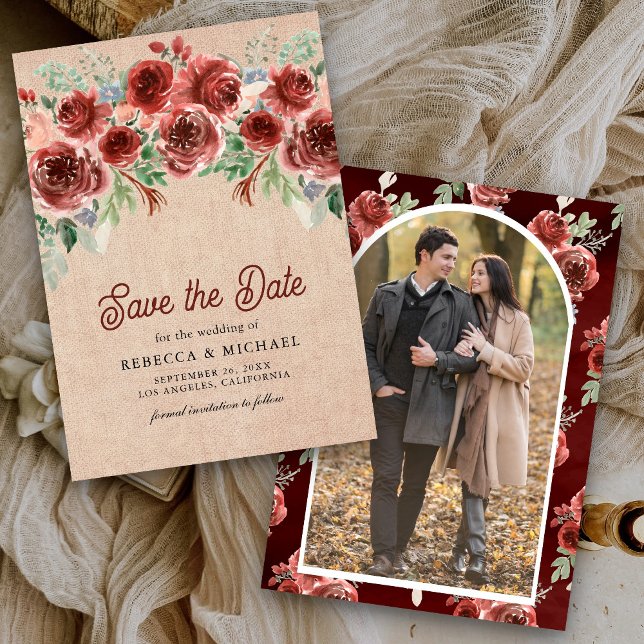 Rustic Burlap Marsala Floral Photo Wedding Save The Date (Creator Uploaded)