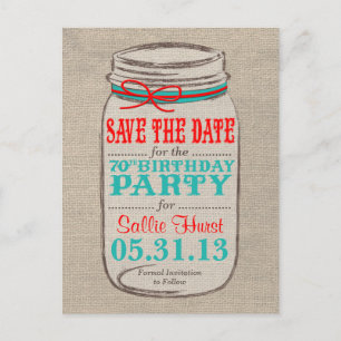 Rustic Burlap & Mason Jar 70th Birthday Invite