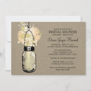 Rustic Burlap Mason Jar and Wildflowers Invitation