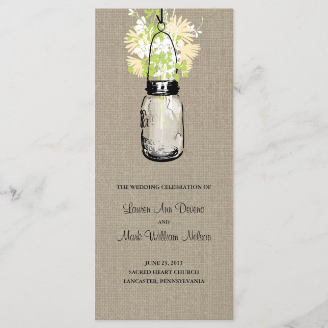 Rustic Burlap Mason Jar and Wildflowers Program Programme (Front)