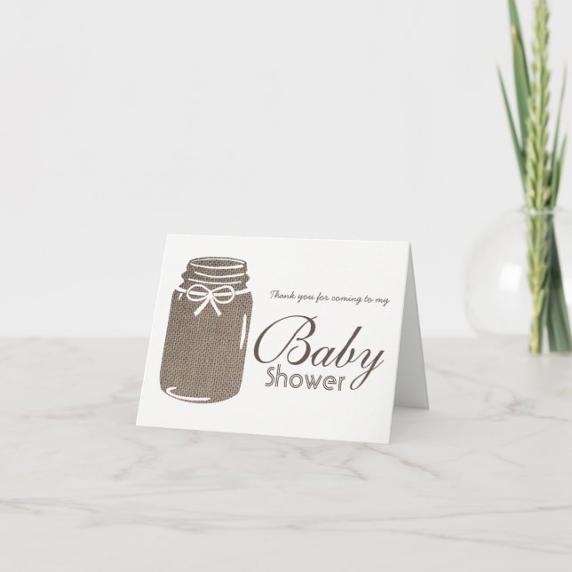 Rustic Burlap Mason Jar Baby Shower Thank You Card (Front)