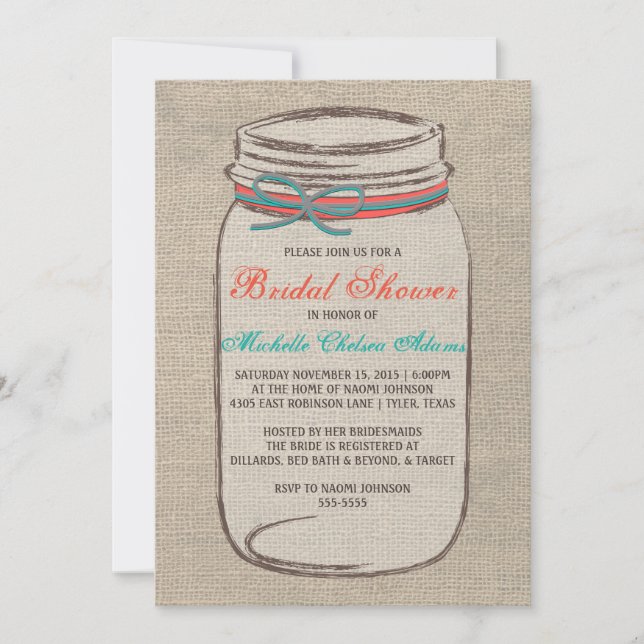 Rustic Burlap Mason Jar Bridal Shower Invitation (Front)