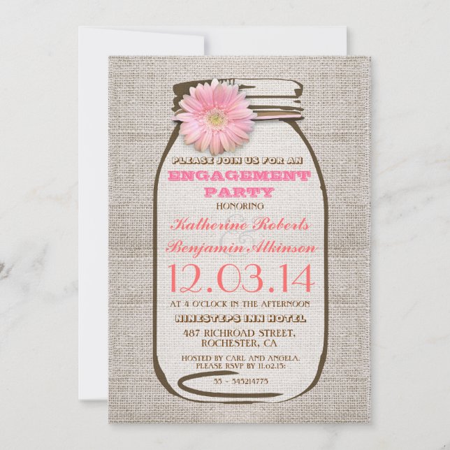 Rustic Burlap Mason Jar Pink Engagement Party Invitation (Front)