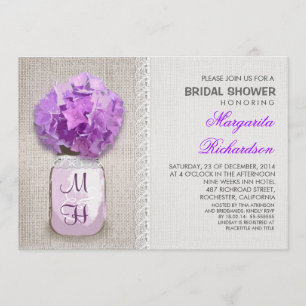 Rustic Burlap Mason Jar Purple Bridal Shower Invitation